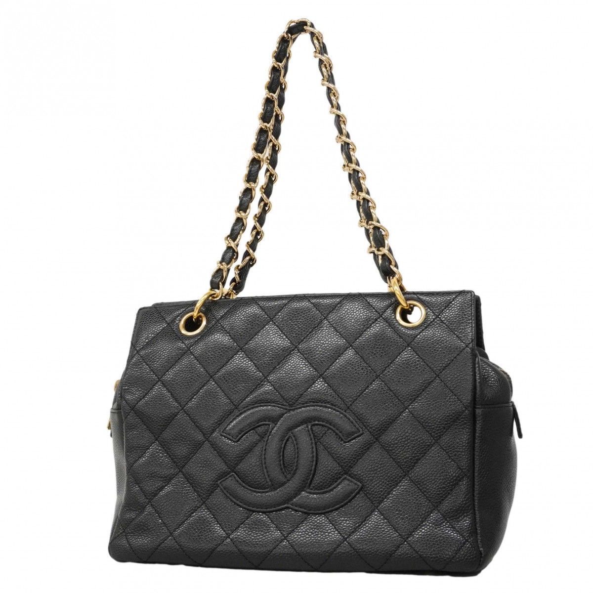 Chanel Shoulder Bag Quilted Caviar Leather Black Gold
