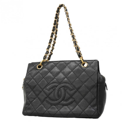 Chanel Shoulder Bag Quilted Caviar Leather Black Gold
