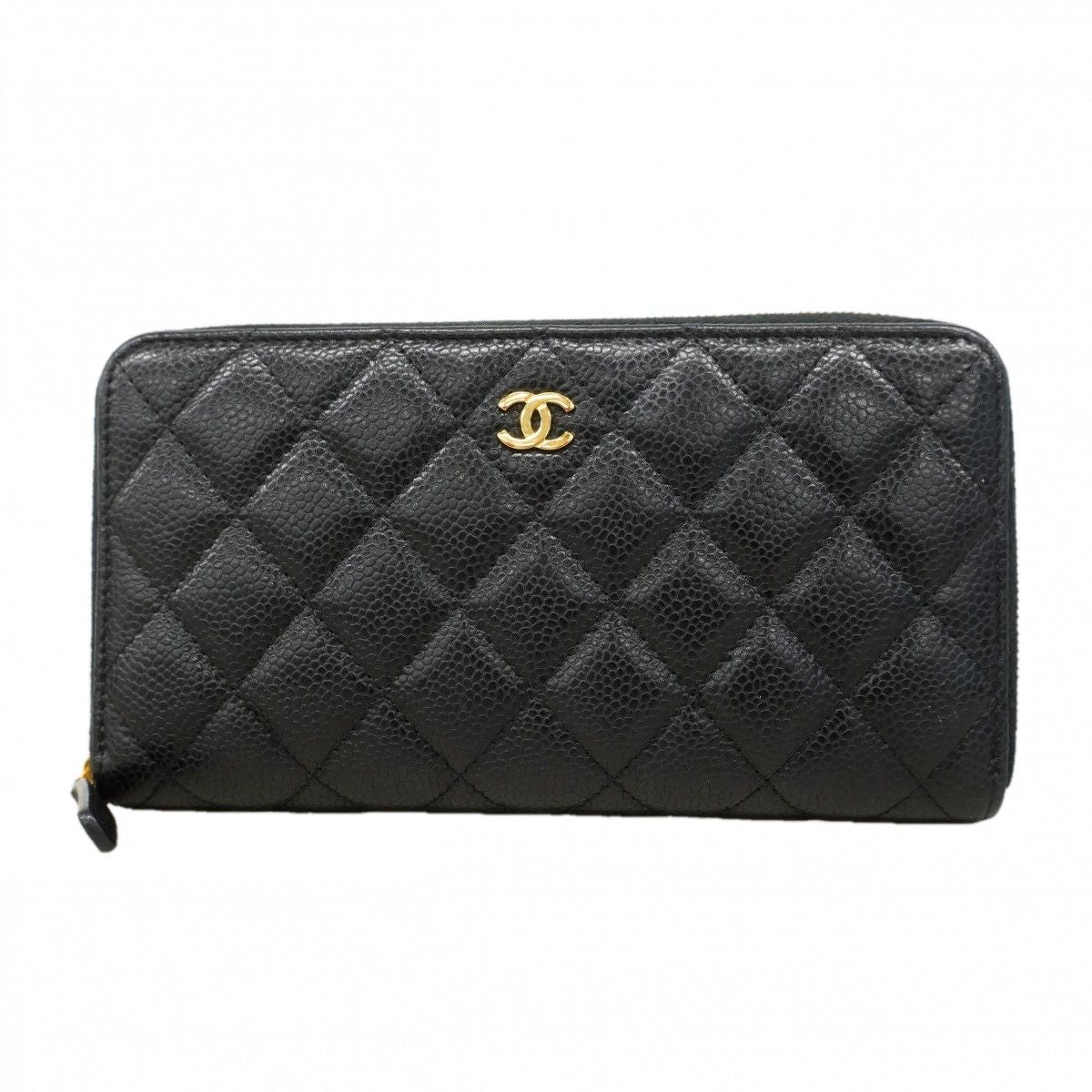 Chanel Wallet Quilted Caviar Leather Black Gold