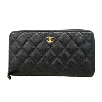 Chanel Wallet Quilted Caviar Leather Black Gold