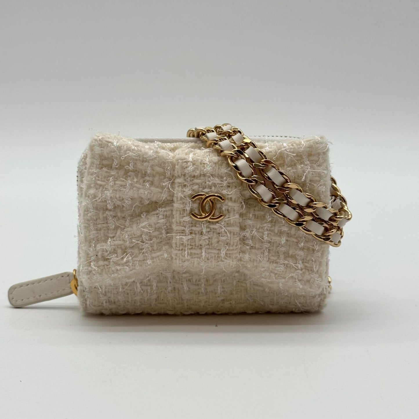 Chanel Mini Chain Wallet Coin Case Ribbon Tweed White CC Logo Gold