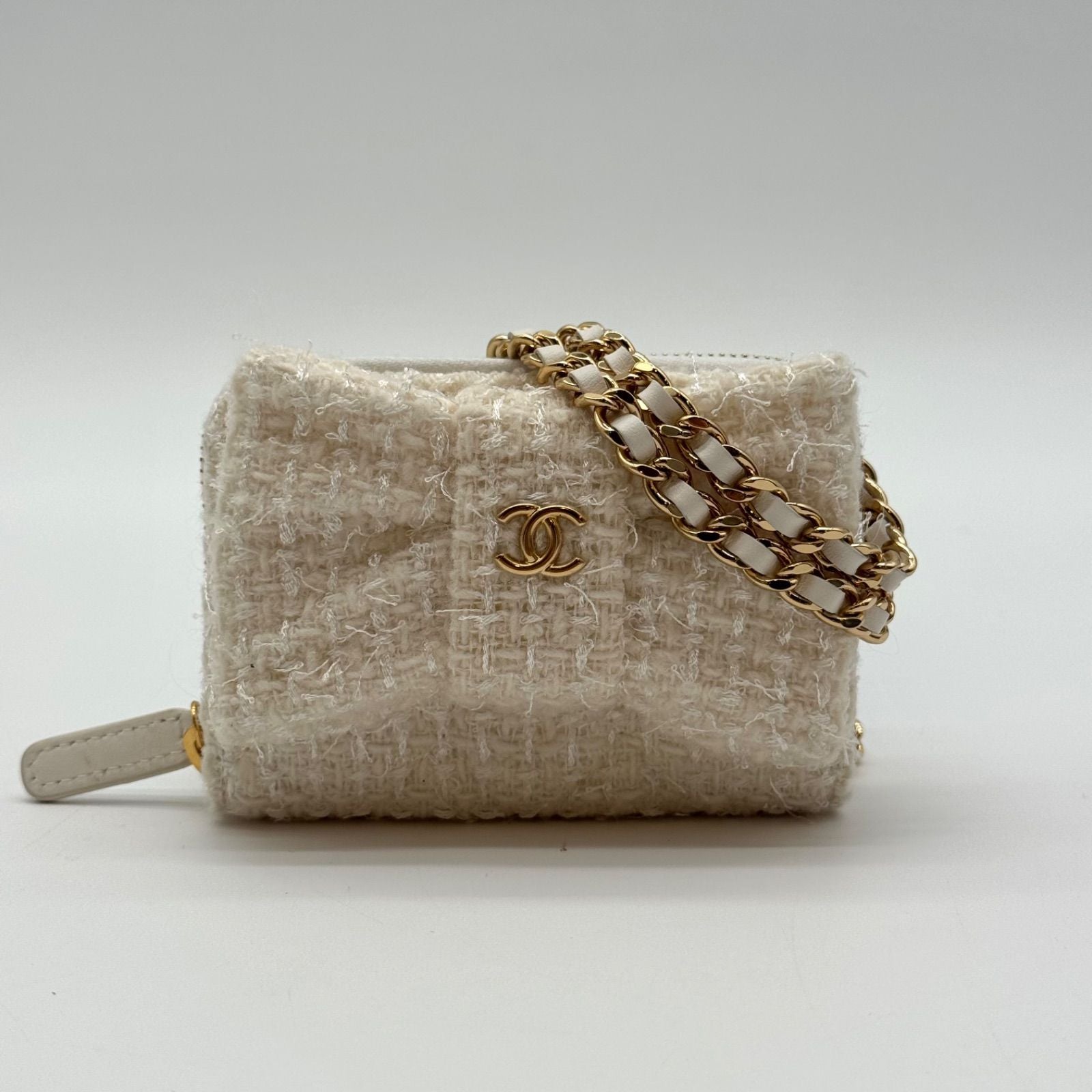 Chanel Mini Chain Wallet Coin Case Ribbon Tweed White CC Logo Gold
