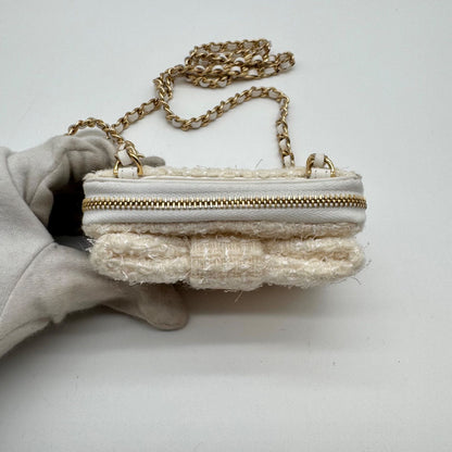 Chanel Mini Chain Wallet Coin Case Ribbon Tweed White CC Logo Gold — view 4