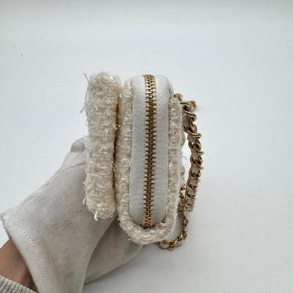 Chanel Mini Chain Wallet Coin Case Ribbon Tweed White CC Logo Gold — view 3