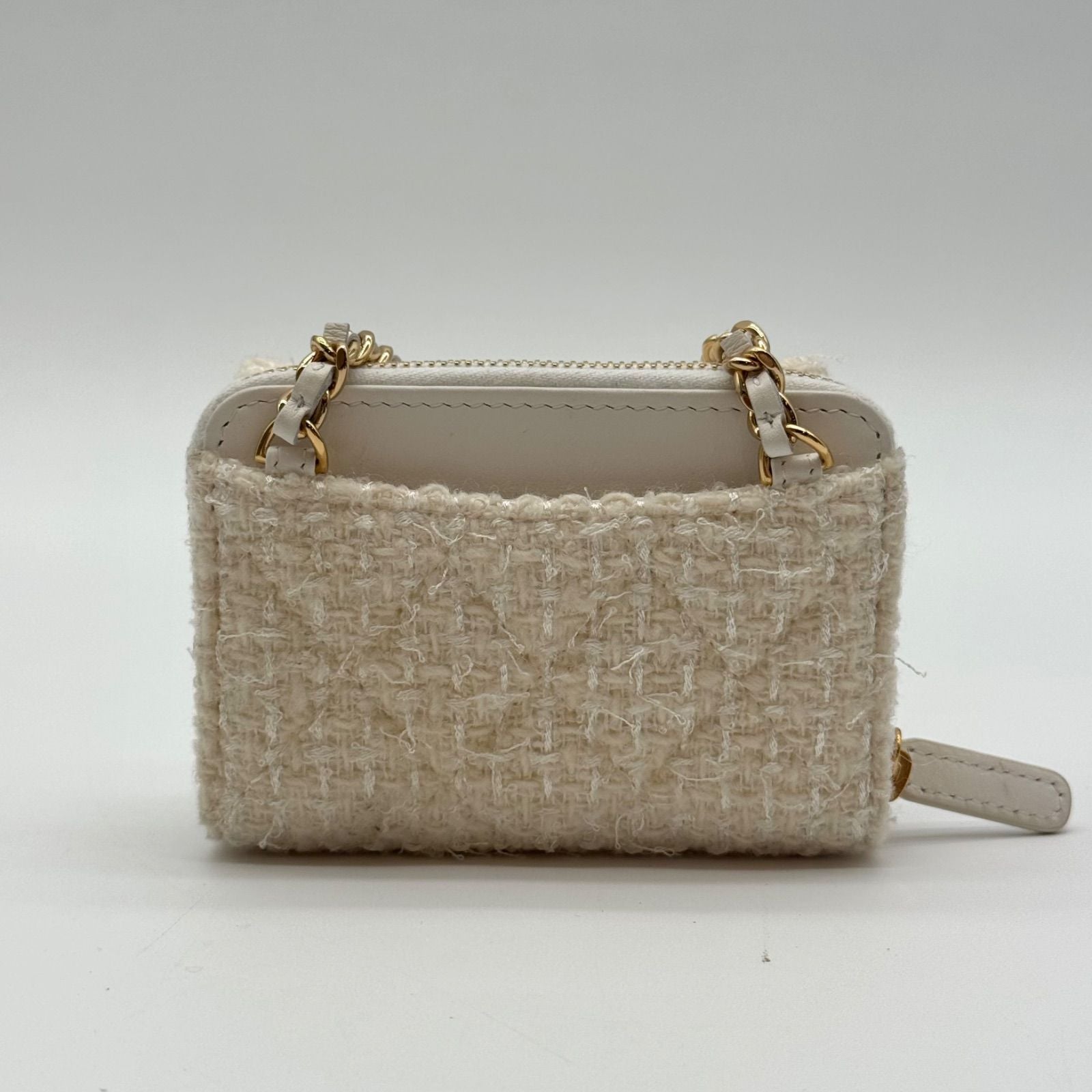 Chanel Mini Chain Wallet Coin Case Ribbon Tweed White CC Logo Gold — view 2