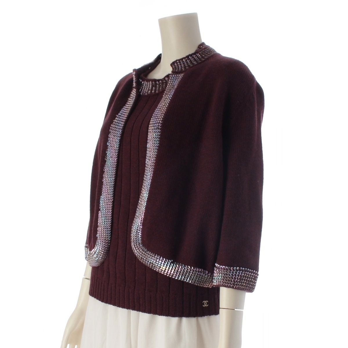 Chanel Wool Sequin Knit Ensemble Cardigan Sleeveless Top Set Purple 46 — view 2