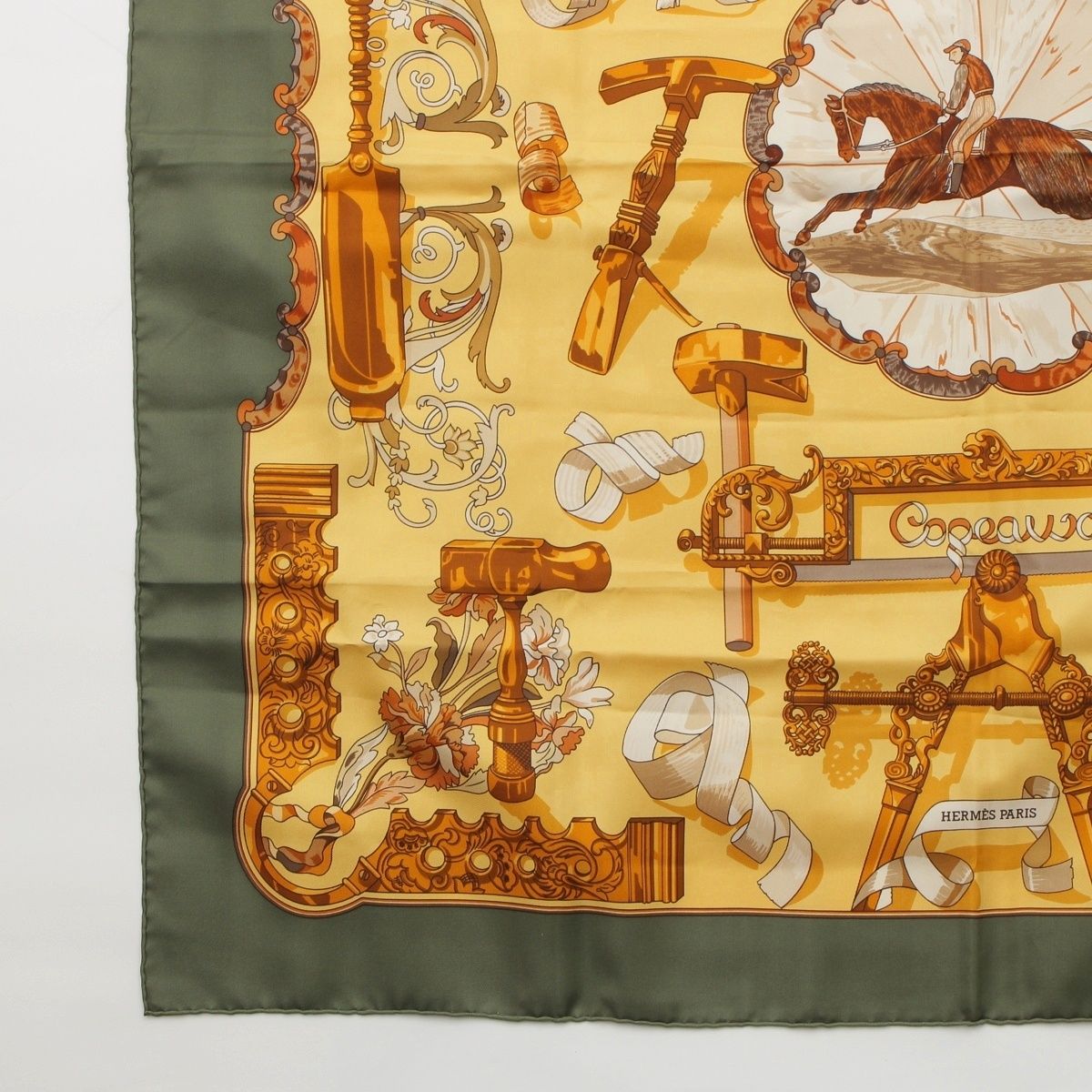 Hermes Carre 90 Copeaux Sawdust Silk Scarf Yellow Khaki — view 4