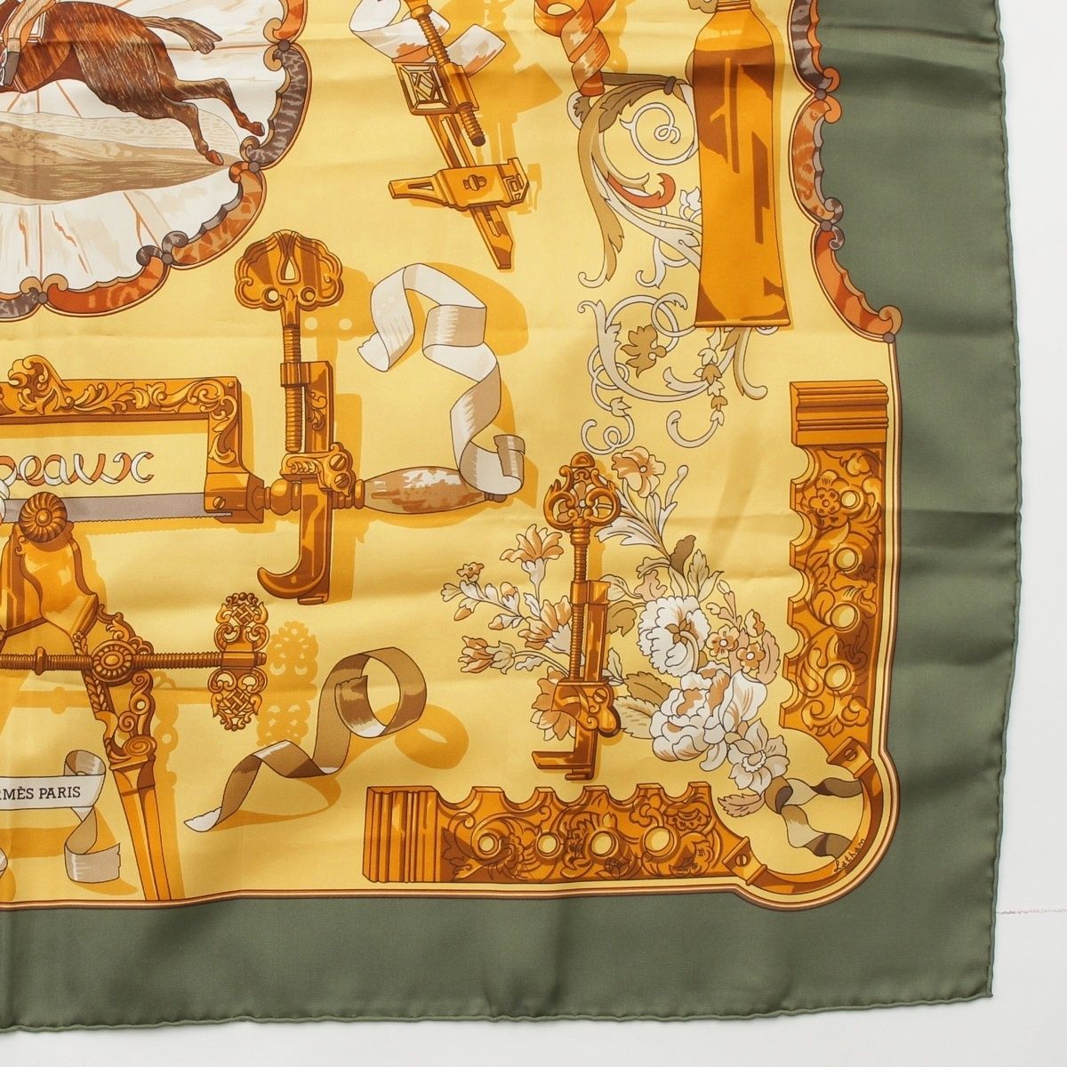Hermes Carre 90 Copeaux Sawdust Silk Scarf Yellow Khaki — view 5