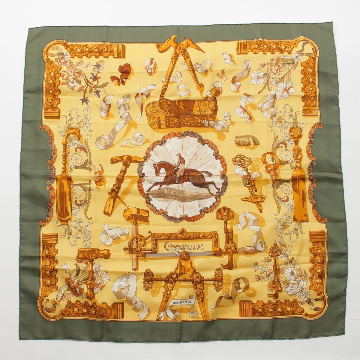 Hermes Carre 90 Copeaux Sawdust Silk Scarf Yellow Khaki