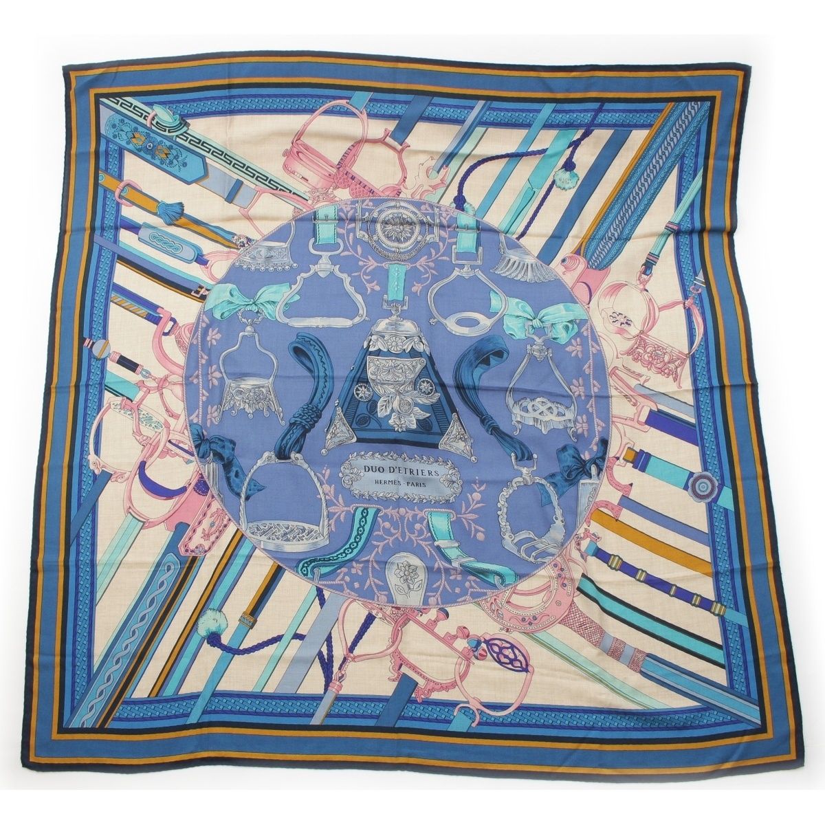 Hermes Carre Geant Cashmere Silk 140 Duo D'etriers Large Scarf Blue Multicolor