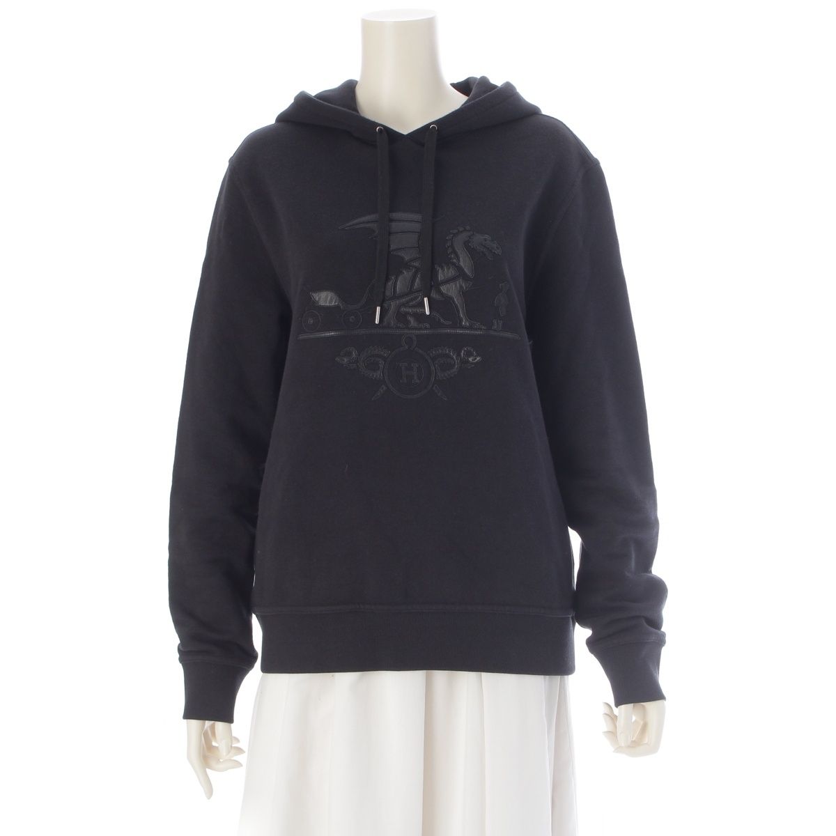 Hermes Cotton Lambskin Exlibris Dragon Pullover Hoodie Sweatshirt Black XS