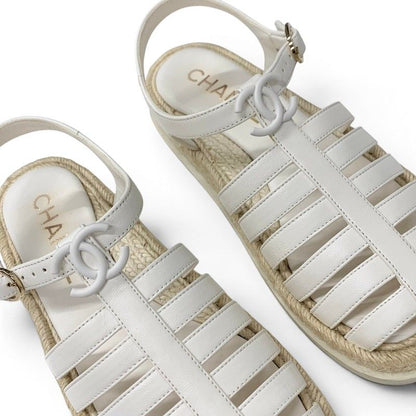 Chanel Sandals Shoes Leather White CC Logo Gladiator Espadrilles — view 9