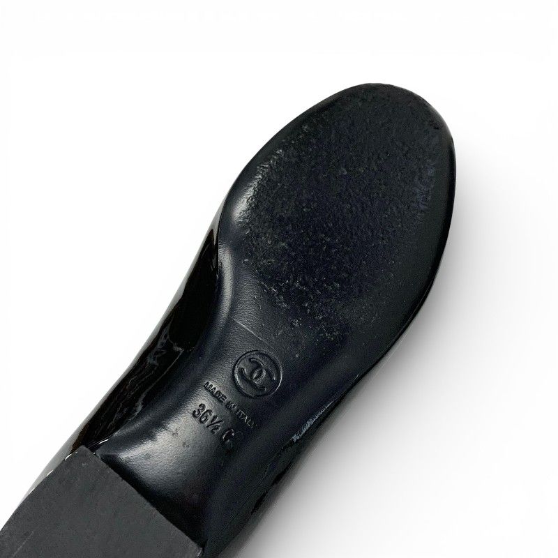 Chanel Loafers Leather Shoes Patent Black Silver CC Logo Pearl Opera Flat — view 8