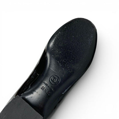 Chanel Loafers Leather Shoes Patent Black Silver CC Logo Pearl Opera Flat — view 8