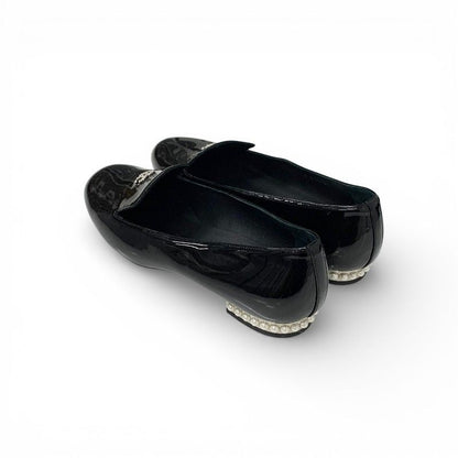 Chanel Loafers Leather Shoes Patent Black Silver CC Logo Pearl Opera Flat — view 4