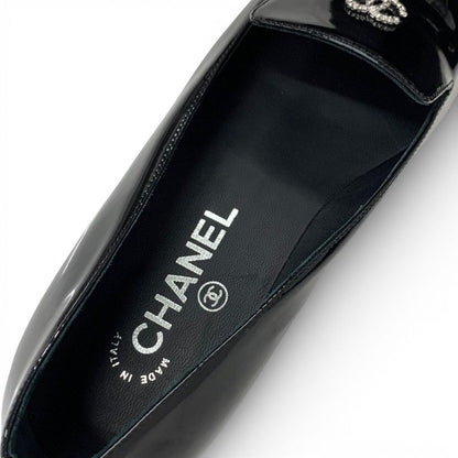 Chanel Loafers Leather Shoes Patent Black Silver CC Logo Pearl Opera Flat — view 7