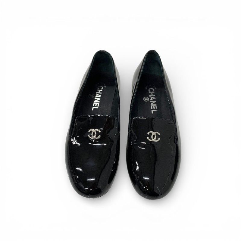 Chanel Loafers Leather Shoes Patent Black Silver CC Logo Pearl Opera Flat — view 2