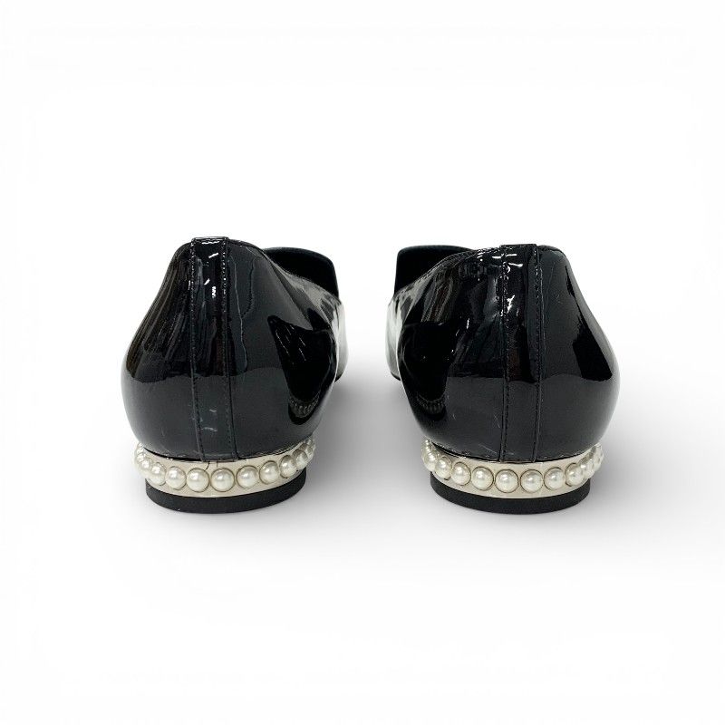 Chanel Loafers Leather Shoes Patent Black Silver CC Logo Pearl Opera Flat — view 5