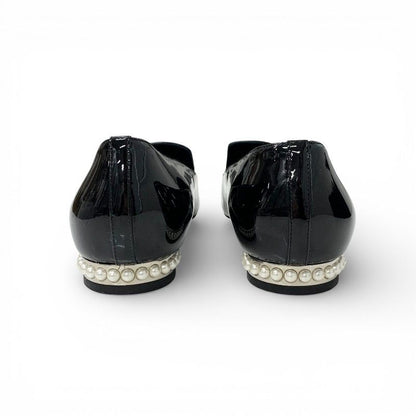 Chanel Loafers Leather Shoes Patent Black Silver CC Logo Pearl Opera Flat — view 5
