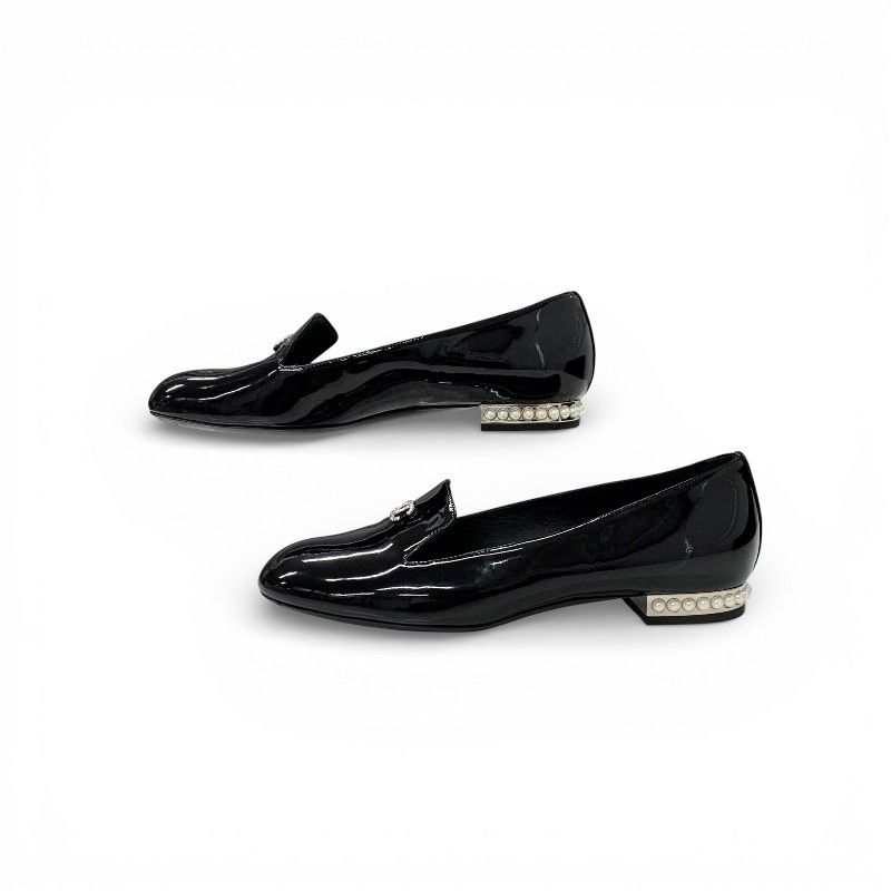 Chanel Loafers Leather Shoes Patent Black Silver CC Logo Pearl Opera Flat — view 3