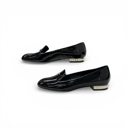 Chanel Loafers Leather Shoes Patent Black Silver CC Logo Pearl Opera Flat — view 3