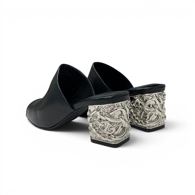 Hermes Sandals Shoes Leather Metal Heels Black Silver Chaine D'ancre Mules — view 4