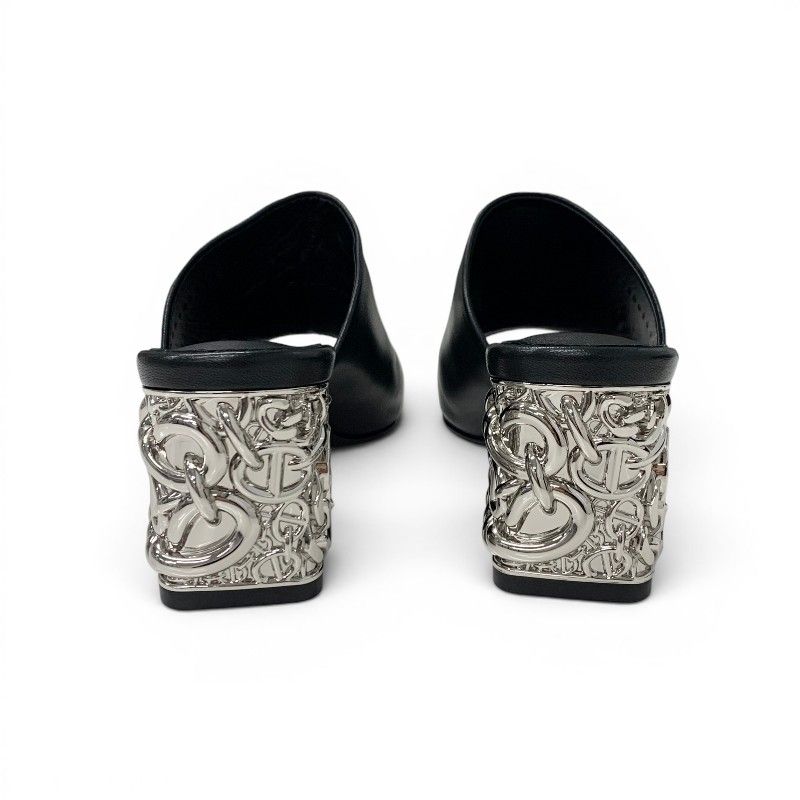 Hermes Sandals Shoes Leather Metal Heels Black Silver Chaine D'ancre Mules — view 5