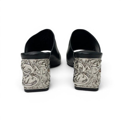 Hermes Sandals Shoes Leather Metal Heels Black Silver Chaine D'ancre Mules — view 5