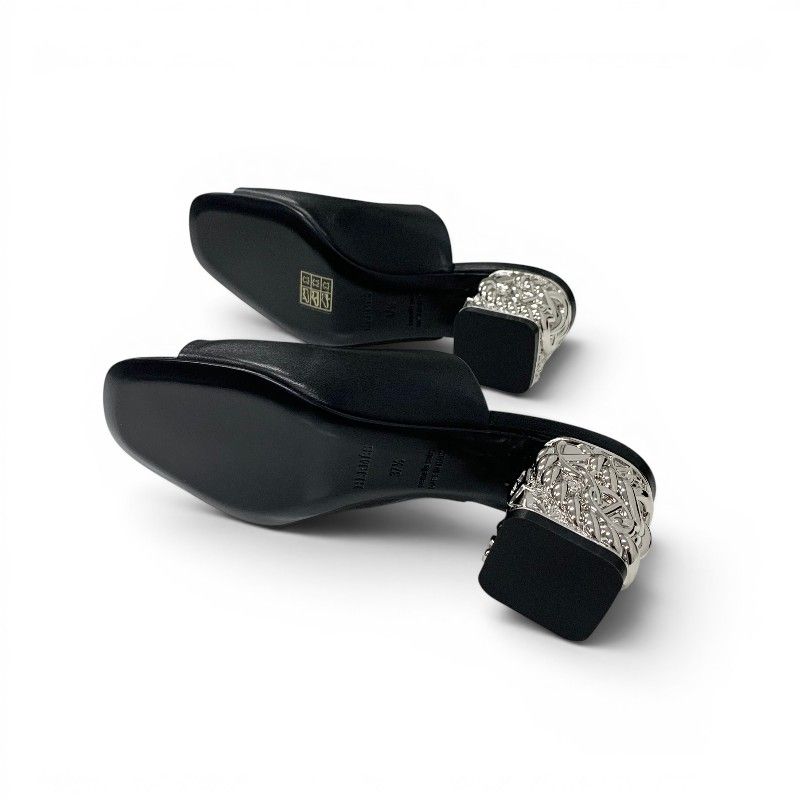 Hermes Sandals Shoes Leather Metal Heels Black Silver Chaine D'ancre Mules — view 6