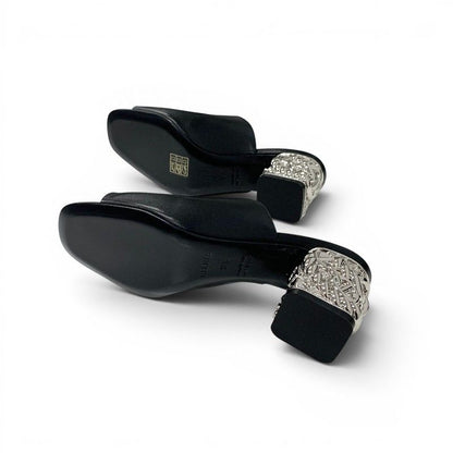 Hermes Sandals Shoes Leather Metal Heels Black Silver Chaine D'ancre Mules — view 6