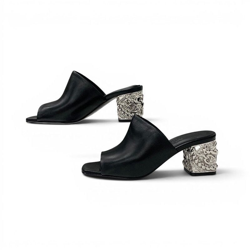Hermes Sandals Shoes Leather Metal Heels Black Silver Chaine D'ancre Mules — view 3