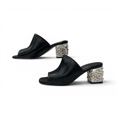 Hermes Sandals Shoes Leather Metal Heels Black Silver Chaine D'ancre Mules — view 3