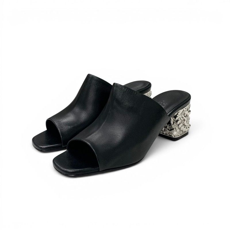 Hermes Sandals Shoes Leather Metal Heels Black Silver Chaine D'ancre Mules