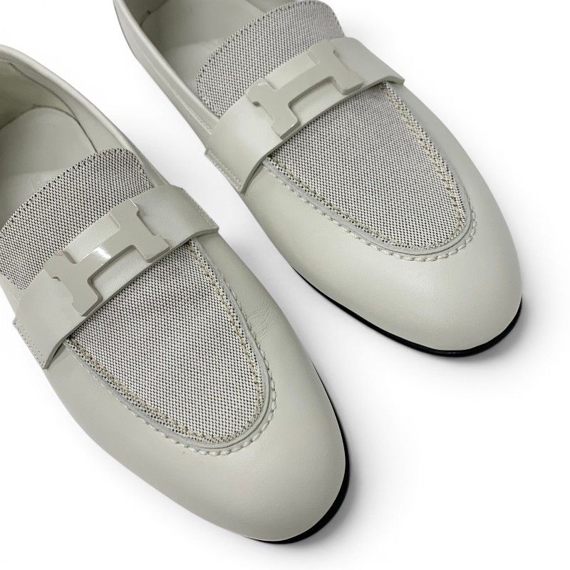Hermes Paris Loafers Leather Canvas Ivory Moccasins — view 9