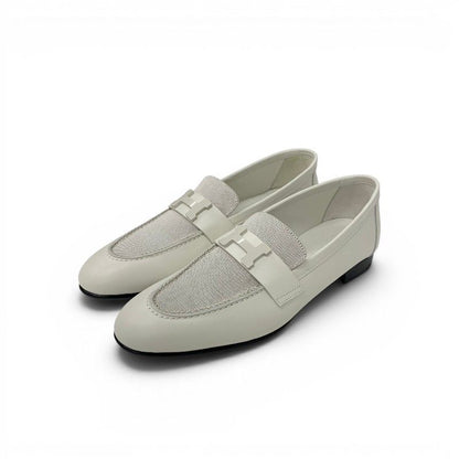 Hermes Paris Loafers Leather Canvas Ivory Moccasins