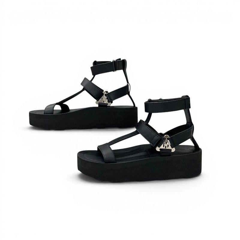 Hermes Sandals Shoes Leather Black Silver Diamant Buckle Velcro Ankle Strap — view 3