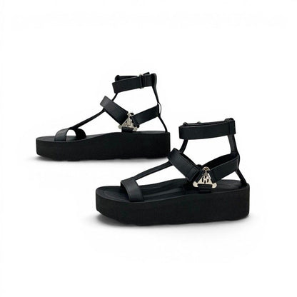 Hermes Sandals Shoes Leather Black Silver Diamant Buckle Velcro Ankle Strap — view 3