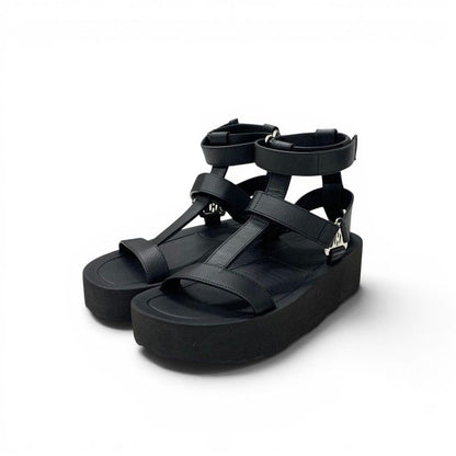 Hermes Sandals Shoes Leather Black Silver Diamant Buckle Velcro Ankle Strap