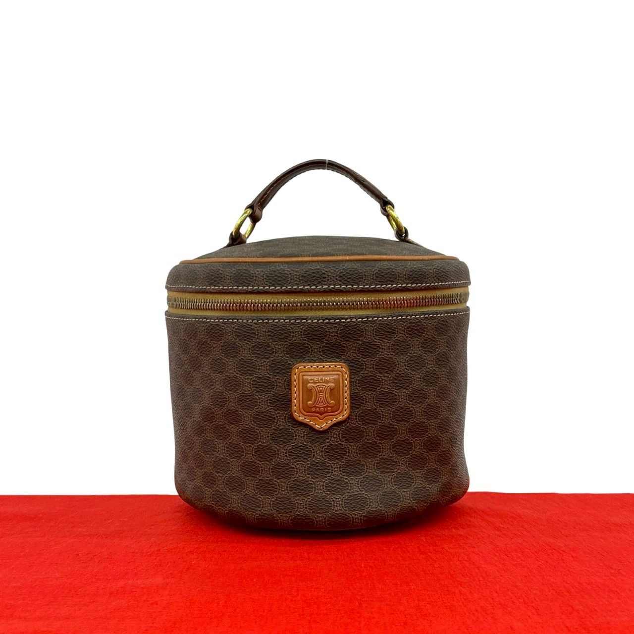 Celine Vintage Macadam Blason Triomphe Pattern Leather Handbag Vanity Bag Brown