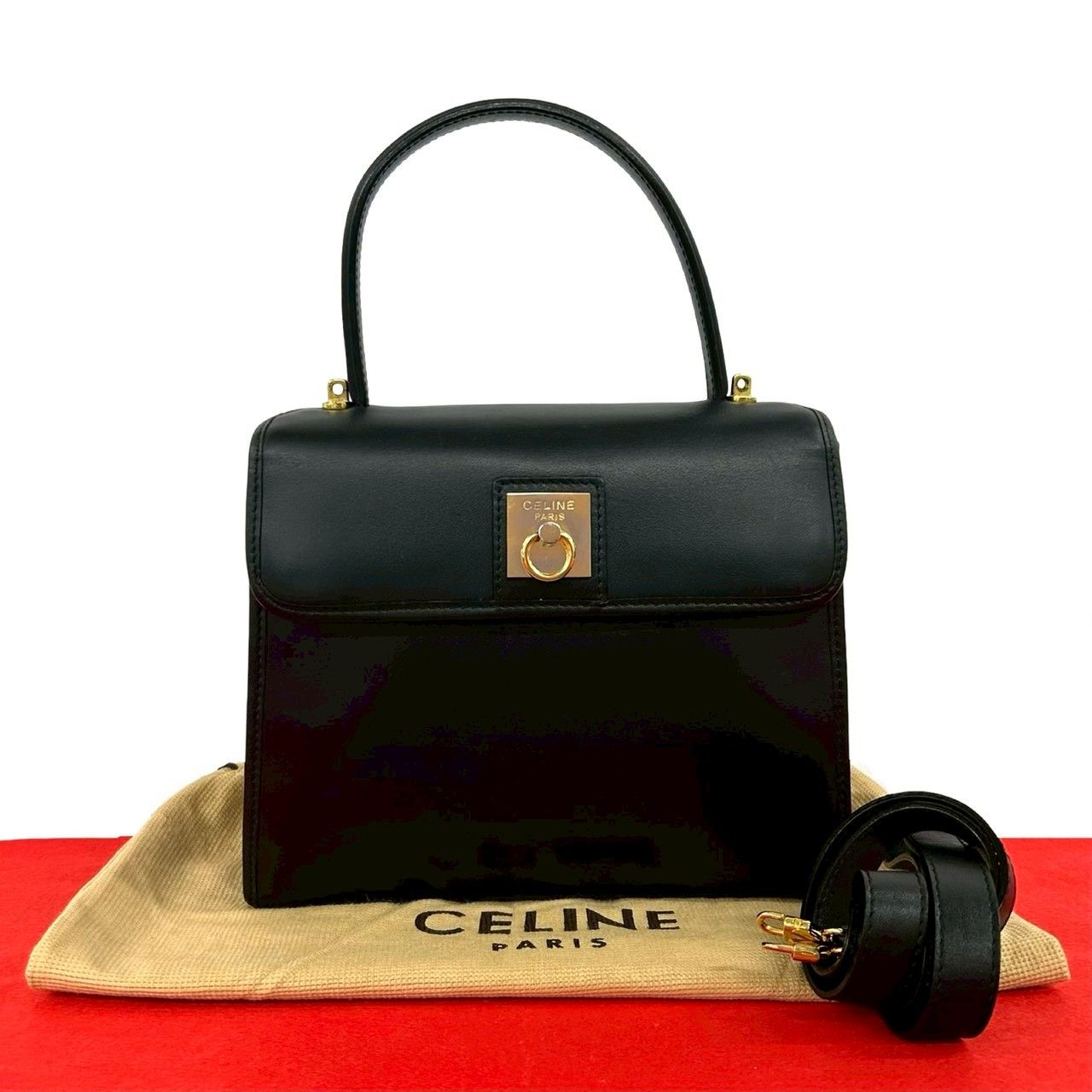 Celine Vintage Logo Ring Leather 2-Way Shoulder Bag Black