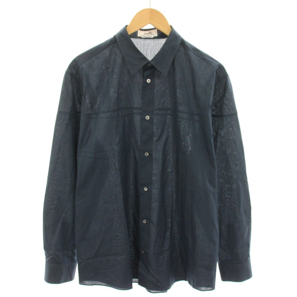 Hermes Shirt Long Sleeve All Over Pattern 17 43 Navy Blue YT