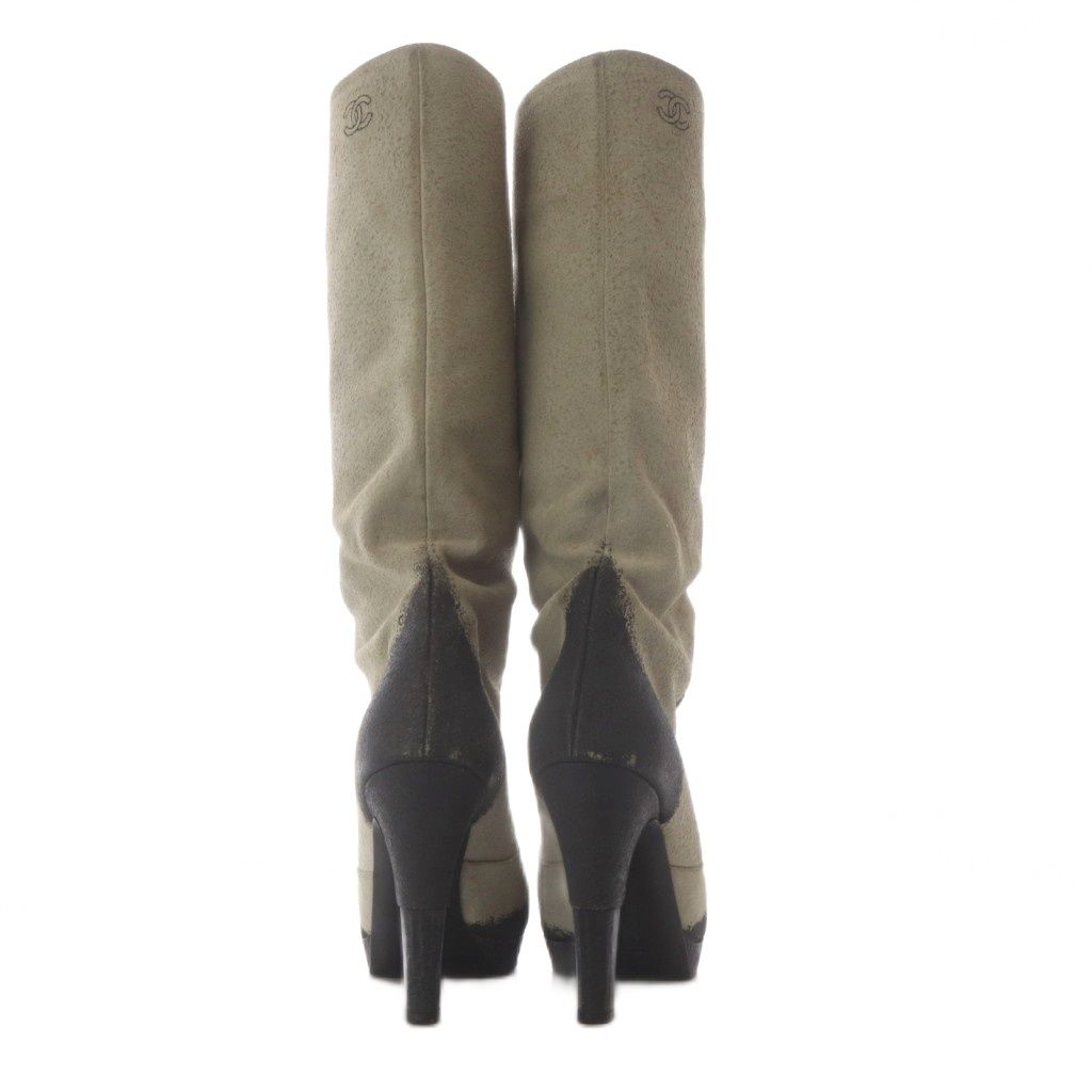 Chanel Middle Boots High Heels CC Logo Suede Bicolor 36.5 Light Gray — view 3