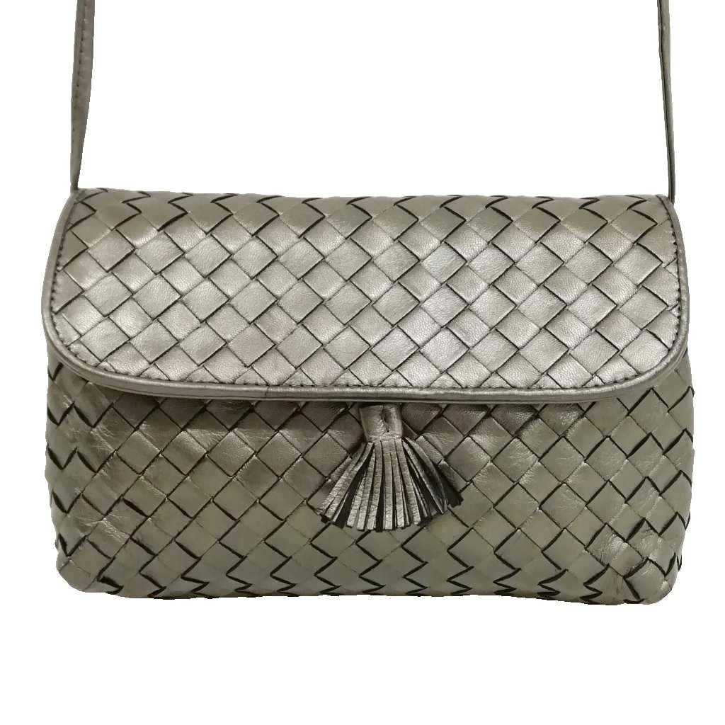 Bottega Veneta Intrecciato Tassel Mini Shoulder Bag Vintage Metallic Gray