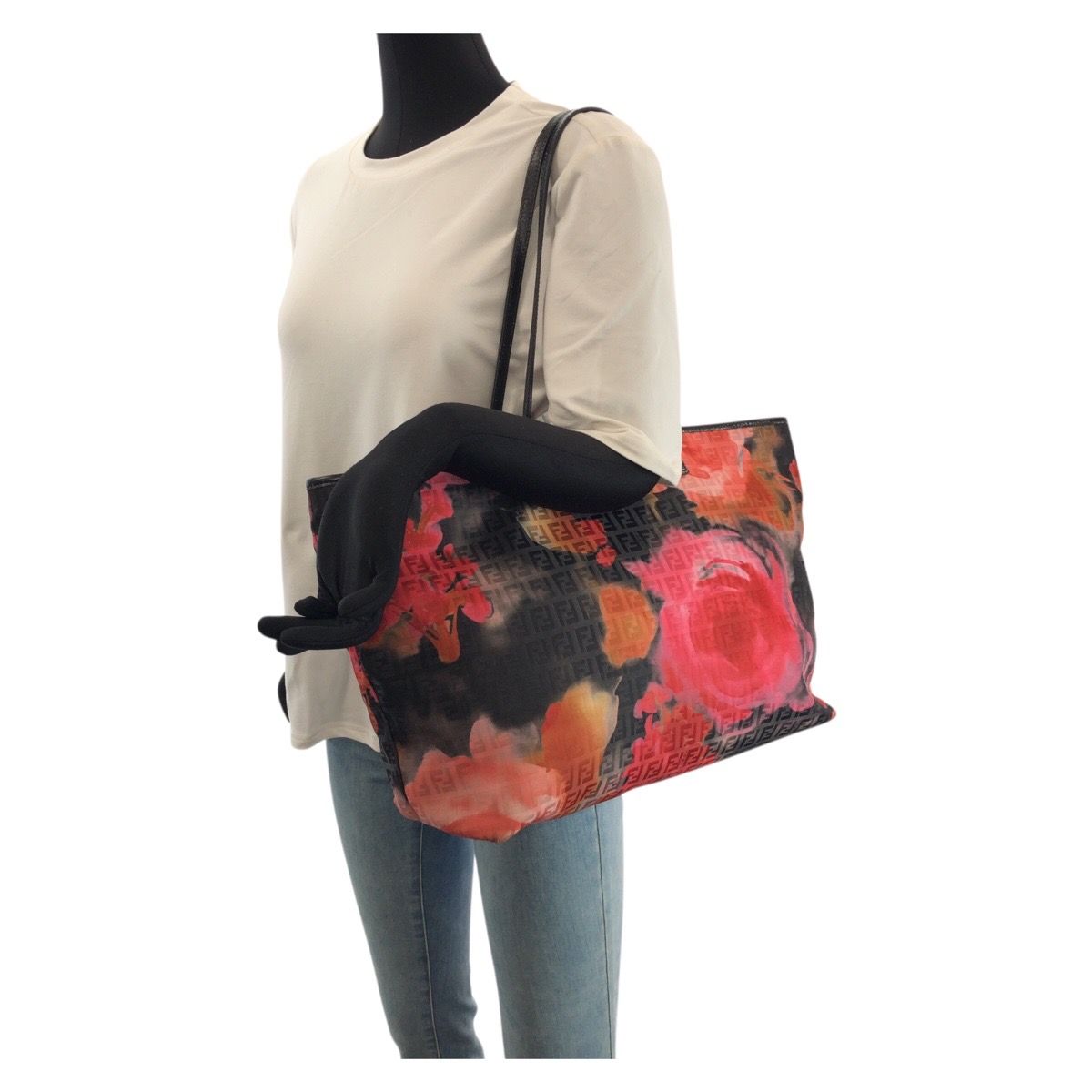 Fendi Zucchino Floral Black Pink Orange Nylon Leather Tote Shoulder Bag — view 7