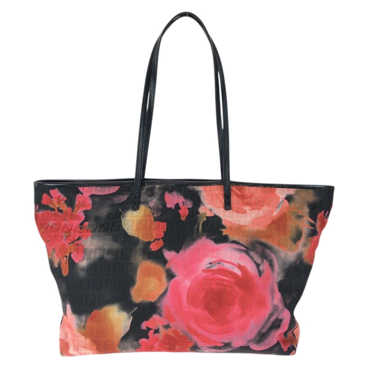 Fendi Zucchino Floral Black Pink Orange Nylon Leather Tote Shoulder Bag — view 2