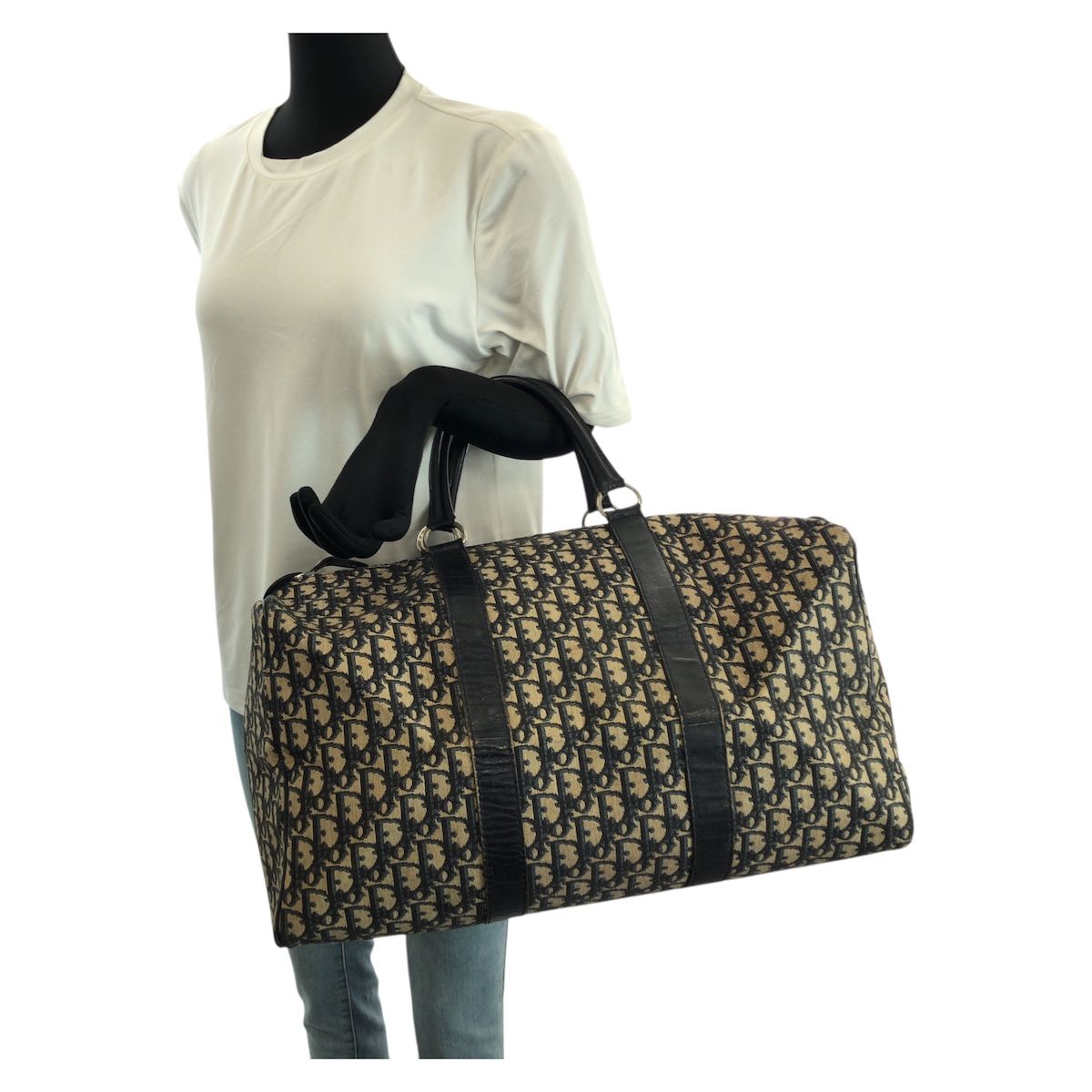 Dior Vintage Trotter Navy Silver Canvas Leather Boston Bag — view 7