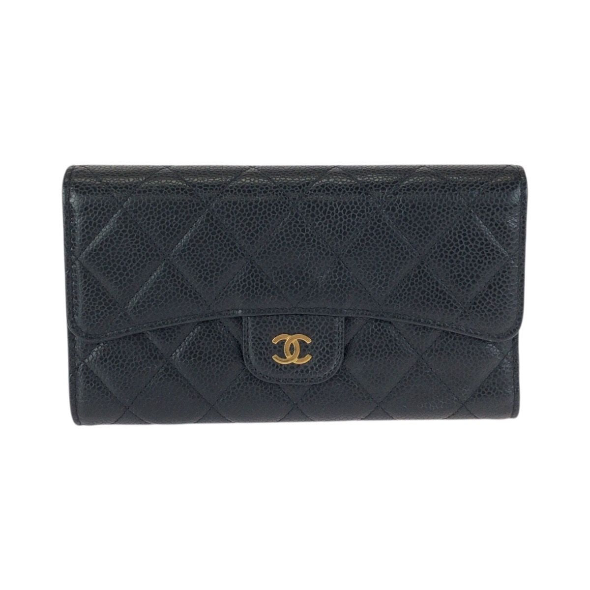 Chanel Quilted CC Logo Black Gold Caviar Leather Wallet