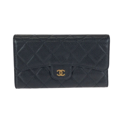 Chanel Quilted CC Logo Black Gold Caviar Leather Wallet