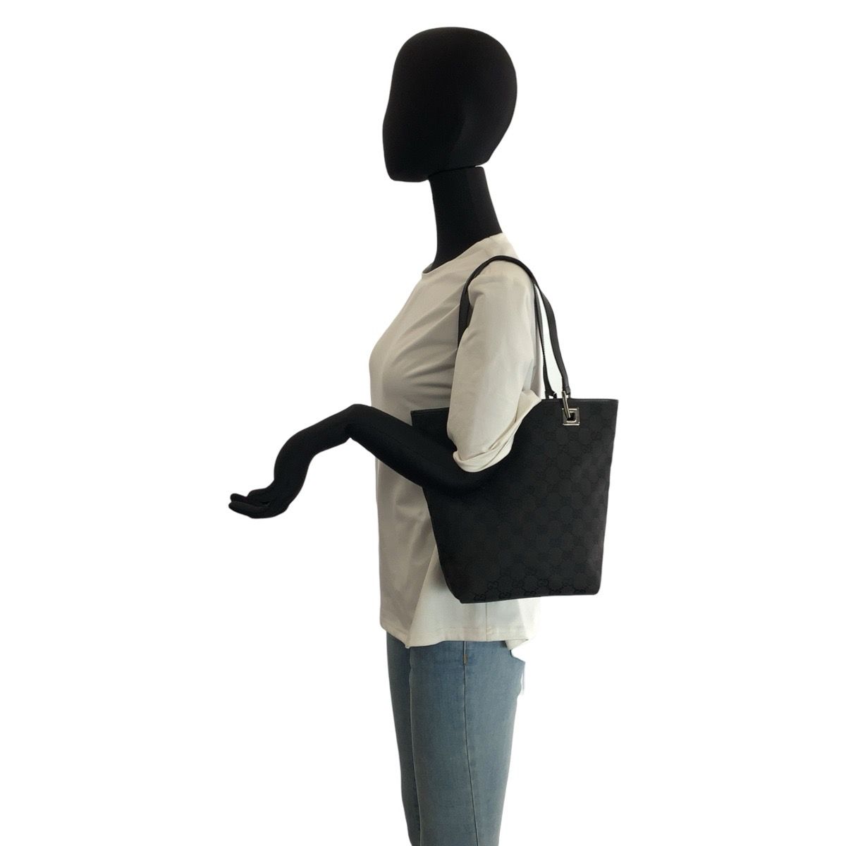 Gucci Black Silver GG Canvas Leather Tote Shoulder Bag — view 7
