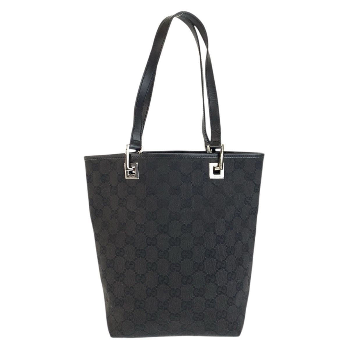 Gucci Black Silver GG Canvas Leather Tote Shoulder Bag